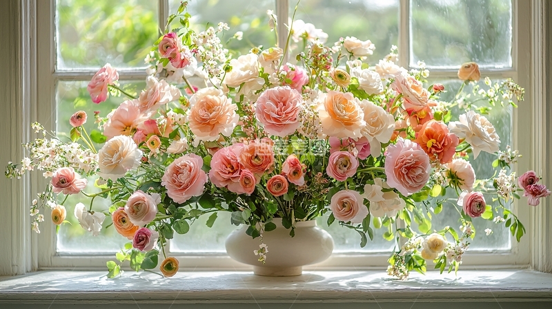 高清大图下载【趣麦麦图】窗台上的粉色玫瑰花束