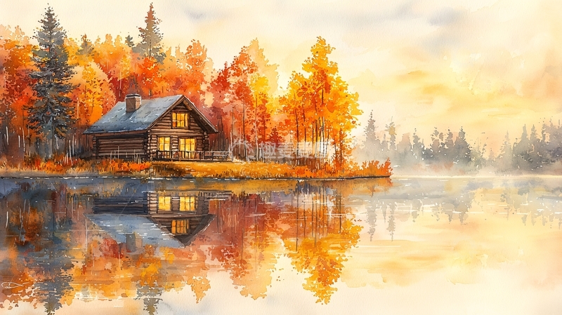 高清大图下载【趣麦麦图】秋日湖畔小屋