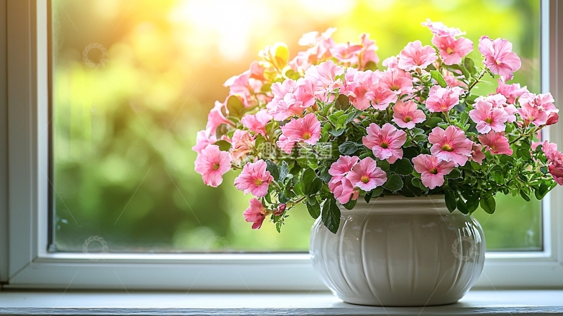 高清大图下载【趣麦麦图】窗台上的粉色花卉盆栽