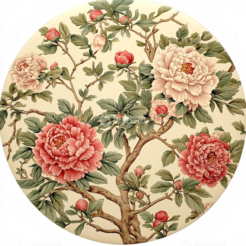 高清大图下载【趣麦麦图】圆形牡丹花卉图案