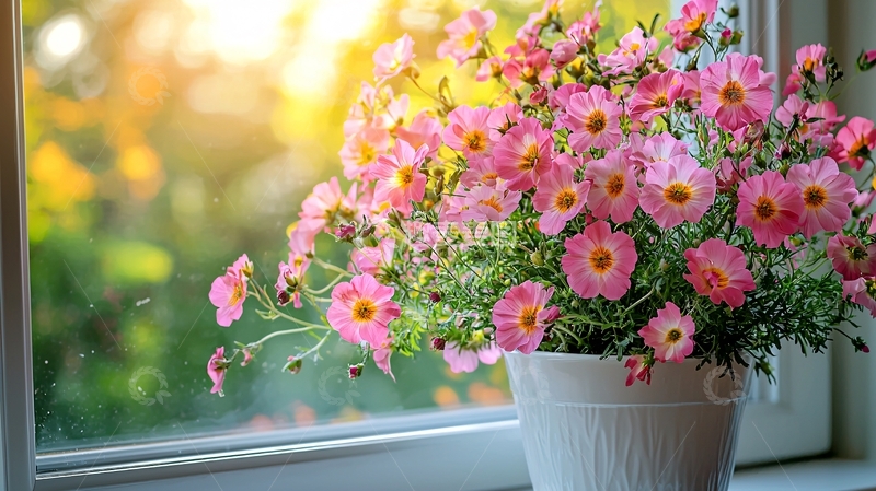 高清大图下载【趣麦麦图】窗台粉色花卉盆栽