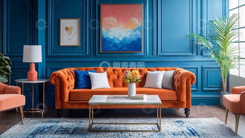 高清大图下载【趣麦麦图】蓝色墙面橙色沙发