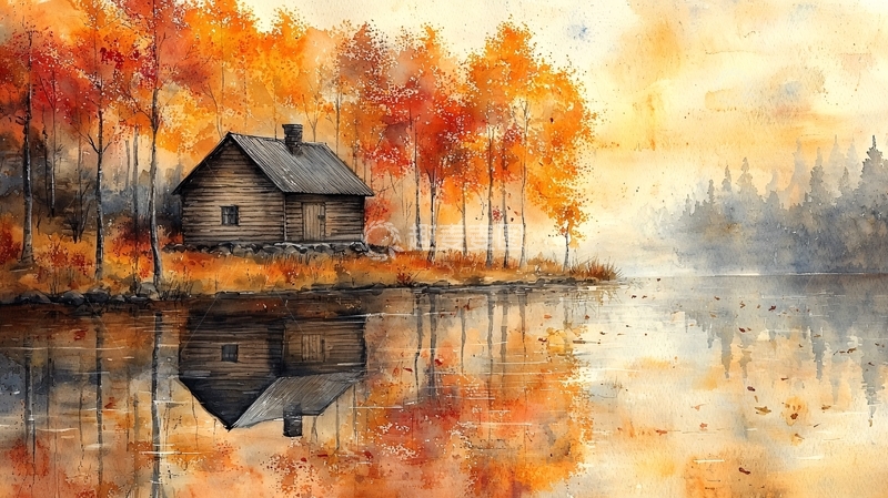 高清大图下载【趣麦麦图】秋日湖边小屋