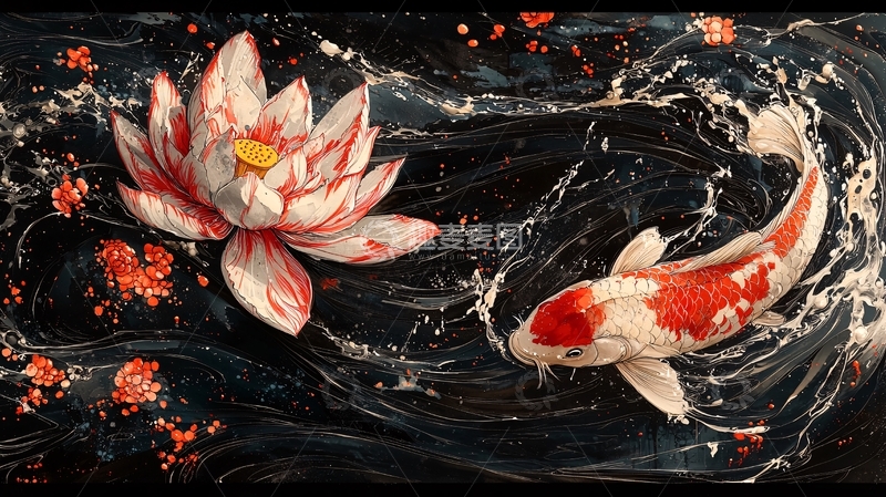 高清大图下载【趣麦麦图】水墨画风格鲤鱼莲花