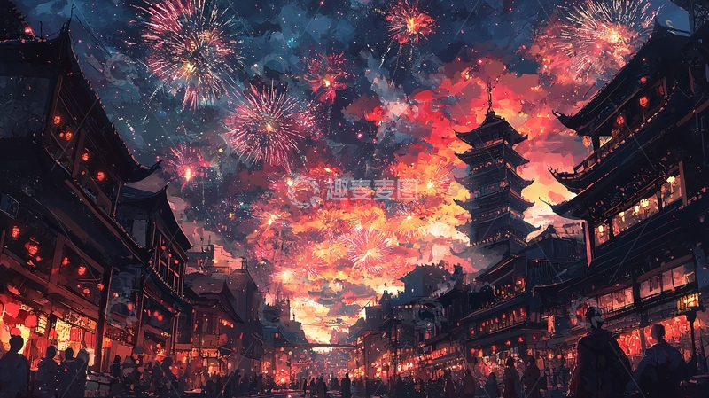 高清大图下载【趣麦麦图】绚丽烟火下的中国古镇