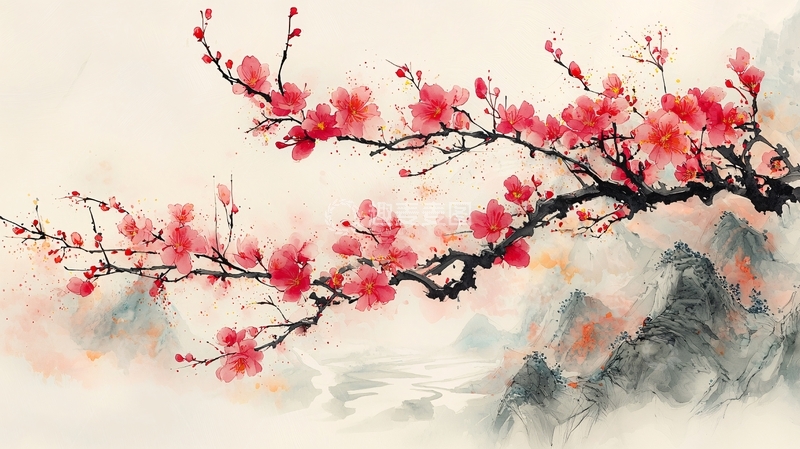 高清大图下载【趣麦麦图】水墨红梅