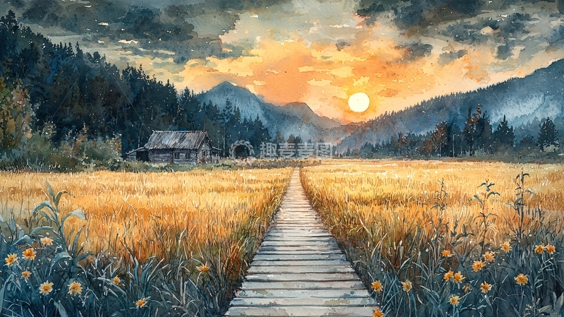 高清大图下载【趣麦麦图】落日余晖下的田园小屋