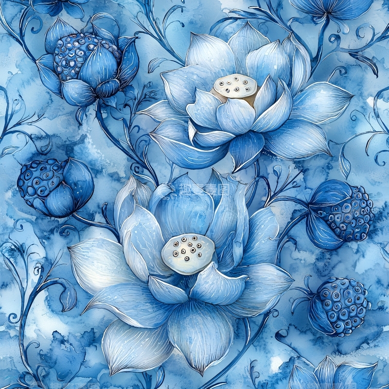 高清大图下载【趣麦麦图】蓝莲花水彩画