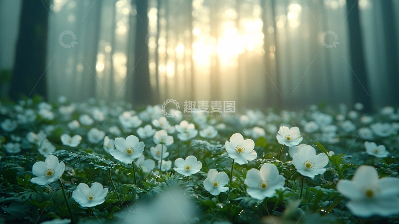 高清大图下载【趣麦麦图】雾中森林白花