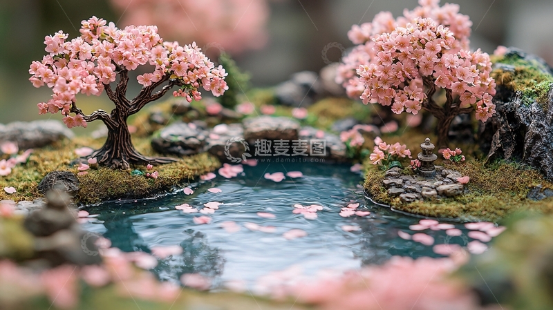 高清大图下载【趣麦麦图】微缩景观樱花树池塘