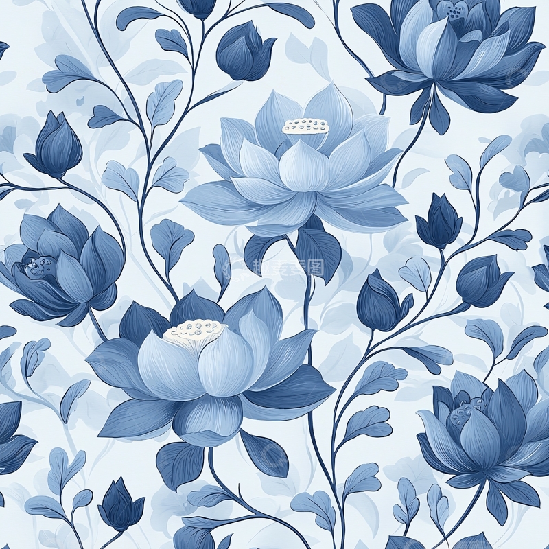 高清大图下载【趣麦麦图】蓝色莲花背景图案