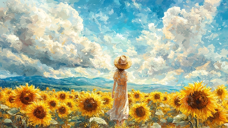 高清大图下载【趣麦麦图】田园女孩向日葵油画