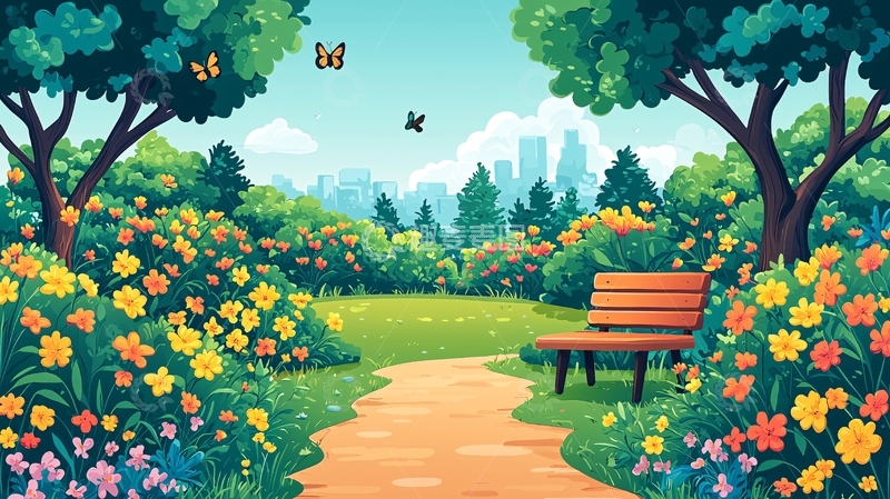 高清大图下载【趣麦麦图】春日公园长椅花丛