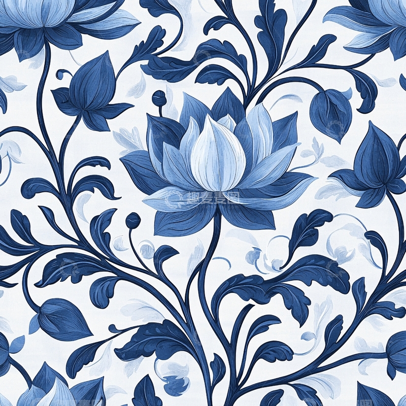高清大图下载【趣麦麦图】蓝白花卉纹样