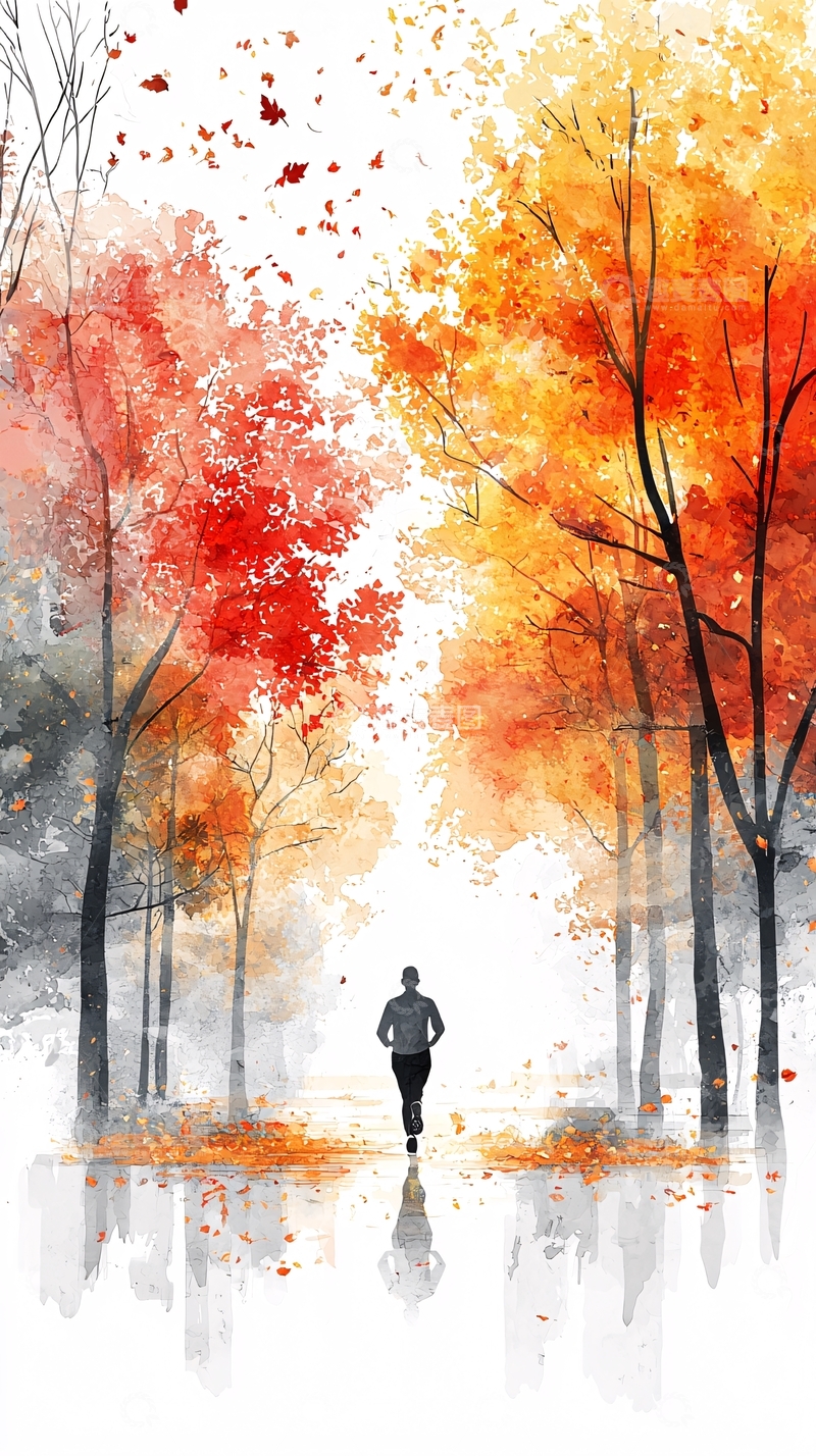 高清大图下载【趣麦麦图】秋日落叶小路行走背影