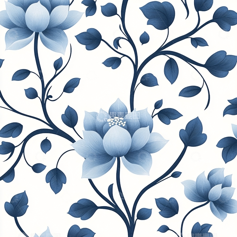 高清大图下载【趣麦麦图】蓝色莲花花纹图案