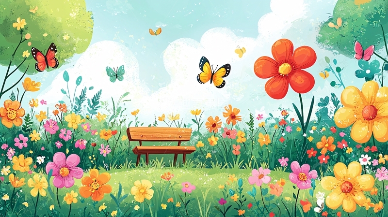 高清大图下载【趣麦麦图】卡通花田长椅