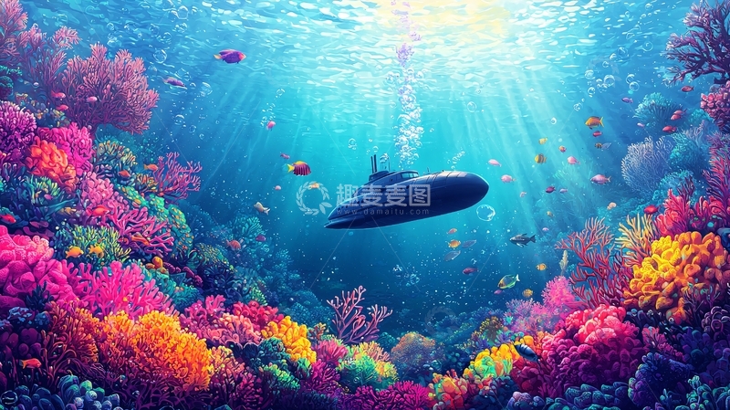 高清大图下载【趣麦麦图】海底潜艇珊瑚礁