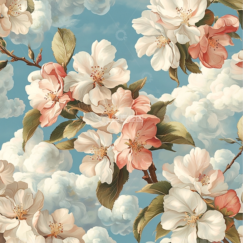 高清大图下载【趣麦麦图】蓝天白云下的粉色苹果花