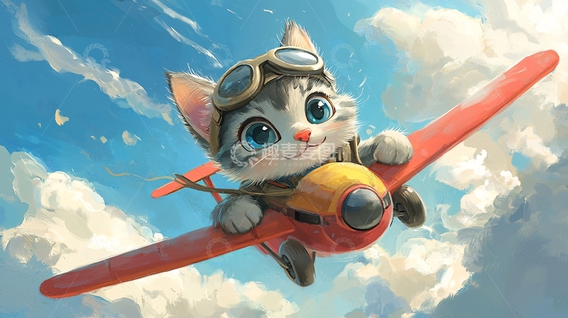 高清大图下载【趣麦麦图】戴飞行帽的小猫开飞机