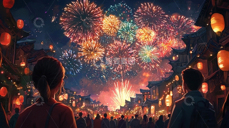 高清大图下载【趣麦麦图】绚丽烟花下的古镇夜景