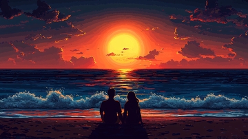 日落海边情侣剪影