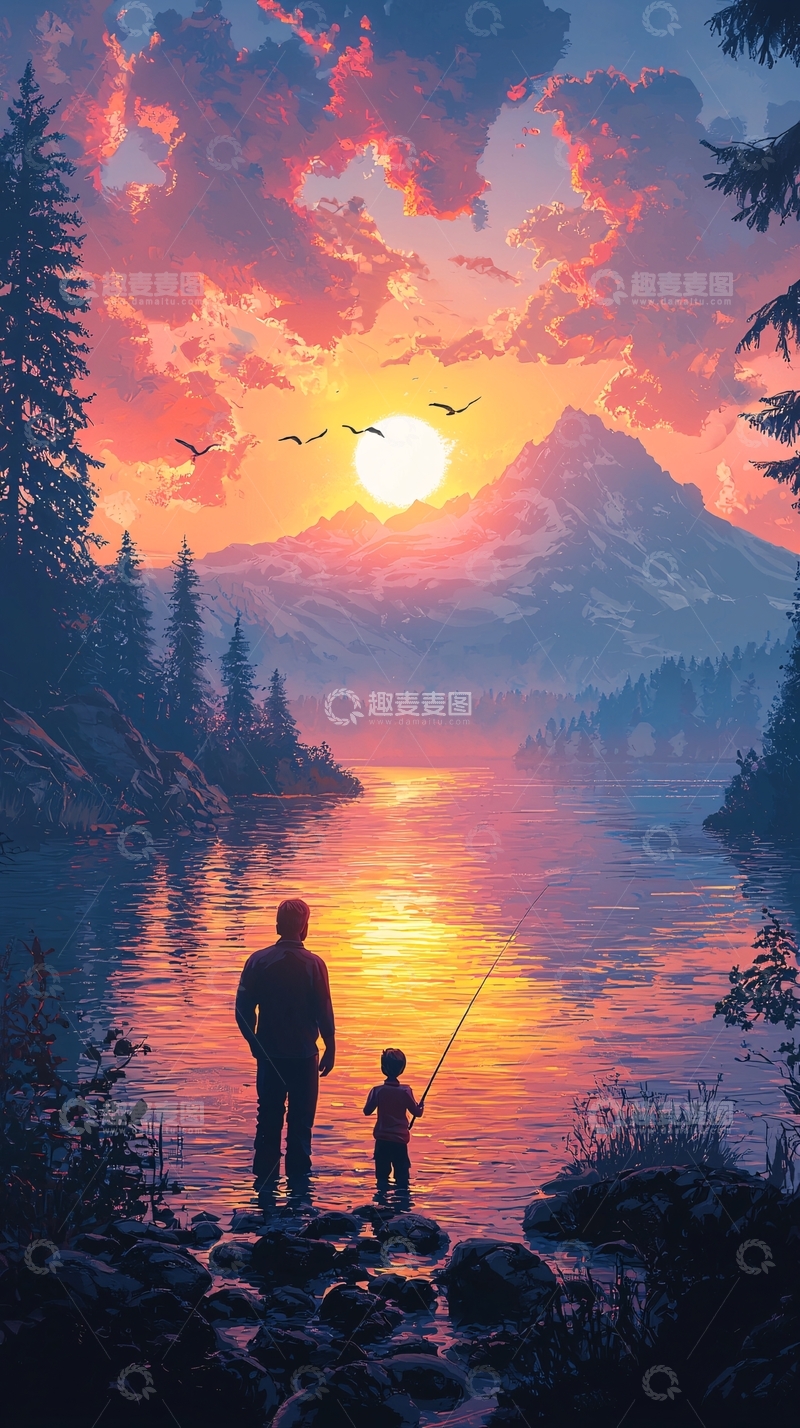 高清大图下载【趣麦麦图】父亲和儿子日落垂钓