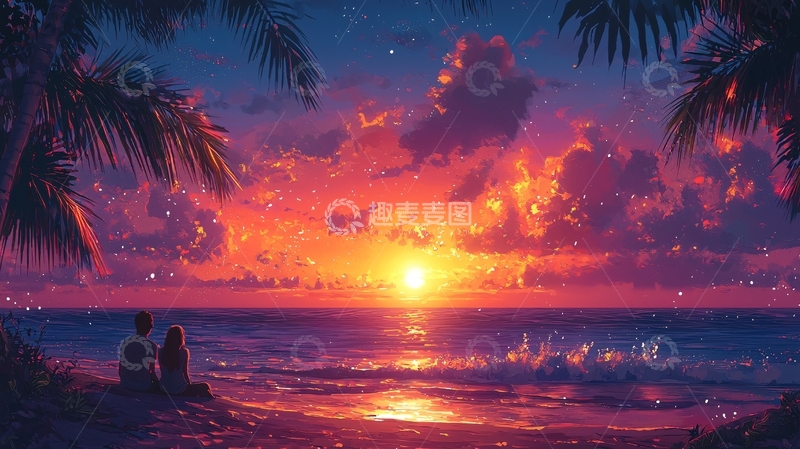 高清大图下载【趣麦麦图】热带海滩日落情侣剪影