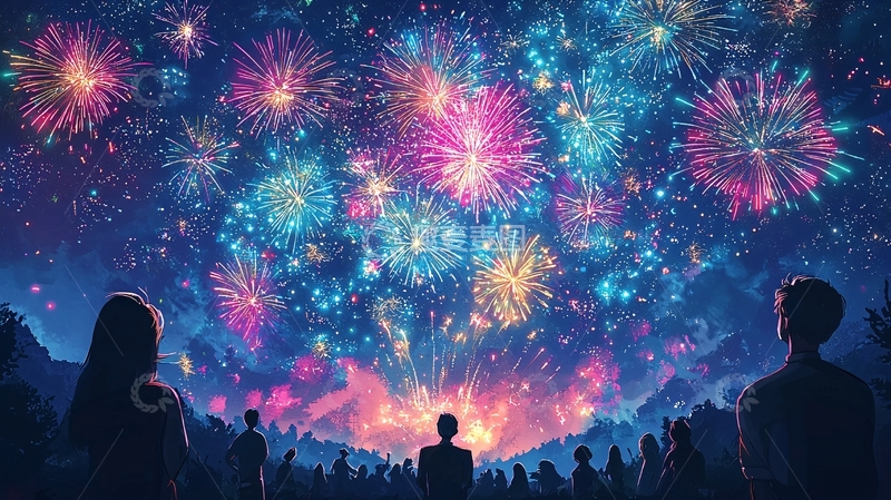 高清大图下载【趣麦麦图】绚丽烟花下的剪影人群