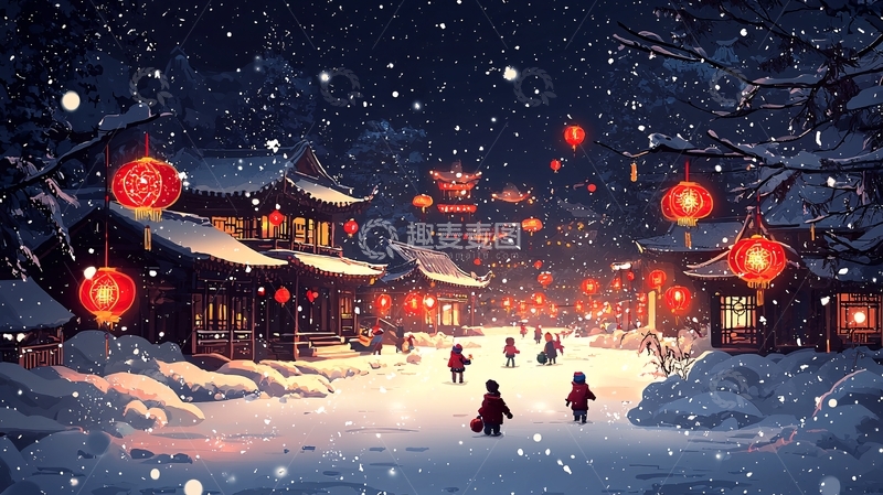 高清大图下载【趣麦麦图】雪夜古镇红灯笼
