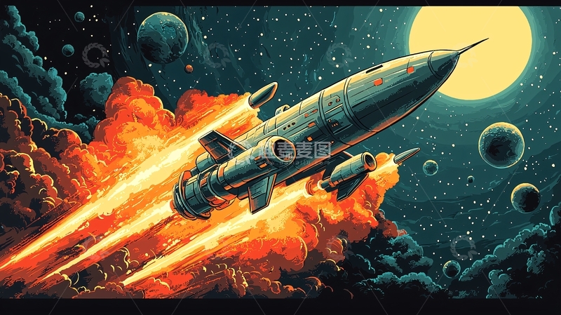 高清大图下载【趣麦麦图】复古太空火箭发射