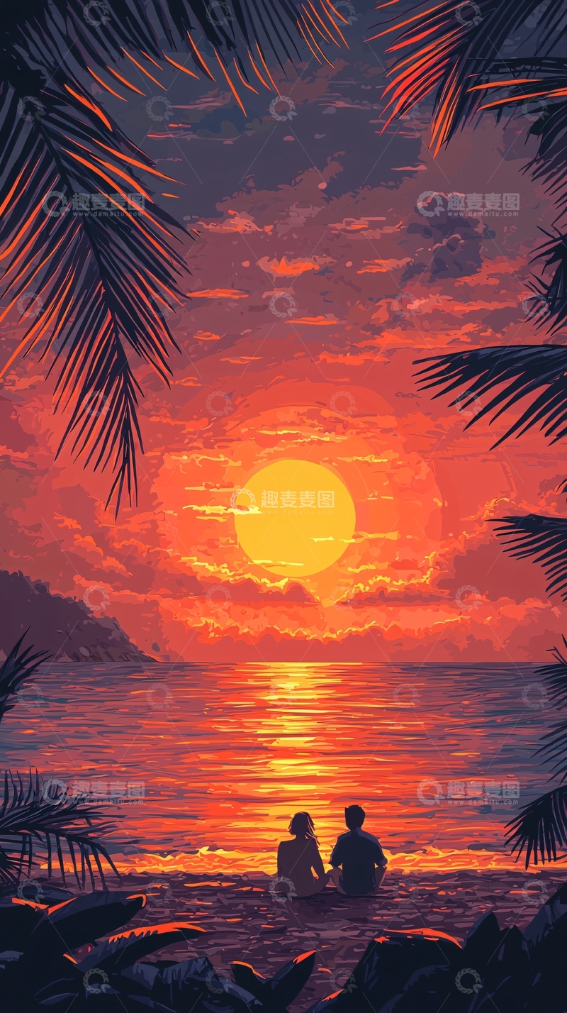 高清大图下载【趣麦麦图】日落海滩情侣剪影