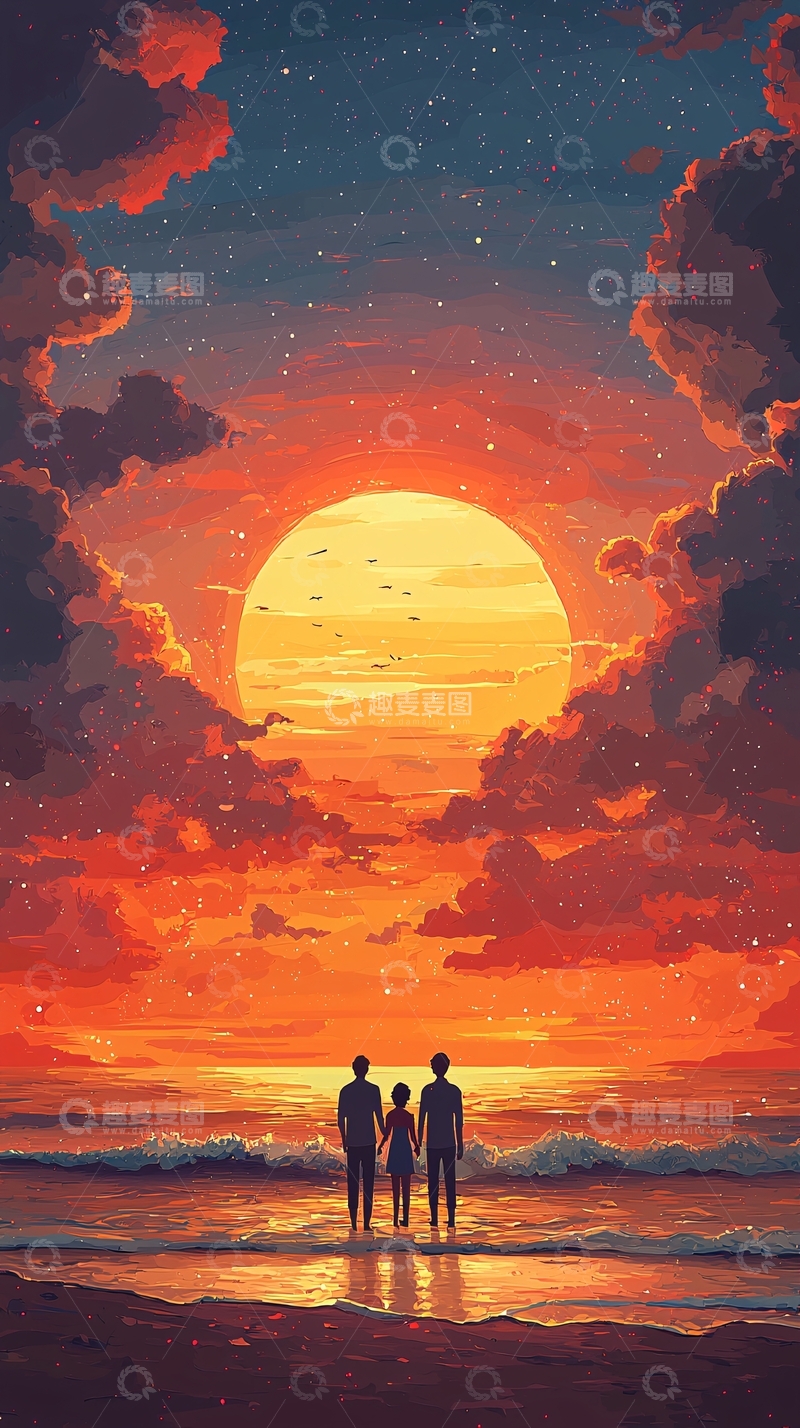 高清大图下载【趣麦麦图】日落海边三人背影