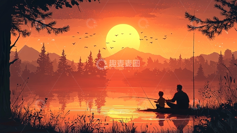 高清大图下载【趣麦麦图】落日余晖父子垂钓