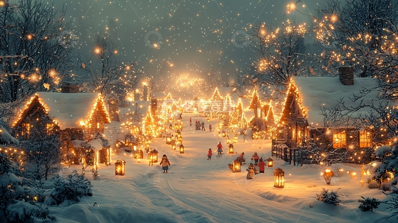 高清大图下载【趣麦麦图】圣诞节雪夜小镇灯光闪耀