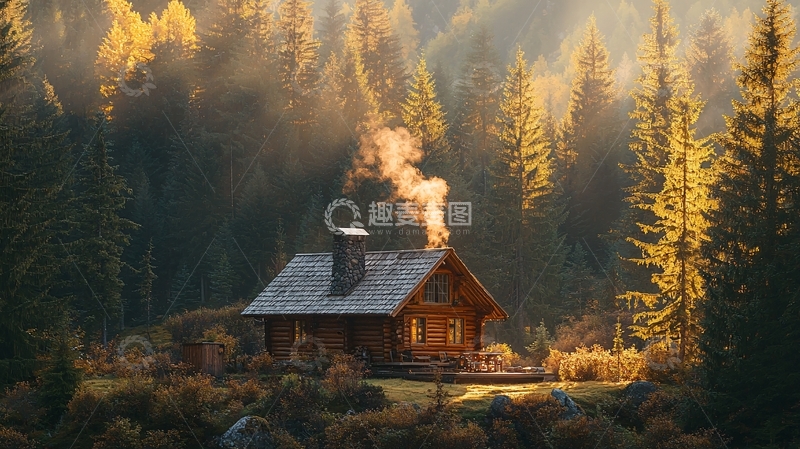 高清大图下载【趣麦麦图】森林木屋清晨阳光