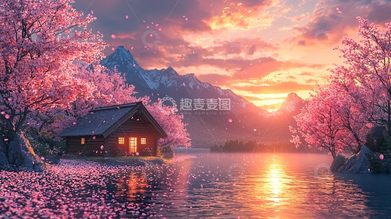 高清大图下载【趣麦麦图】唯美樱花山间小屋落日