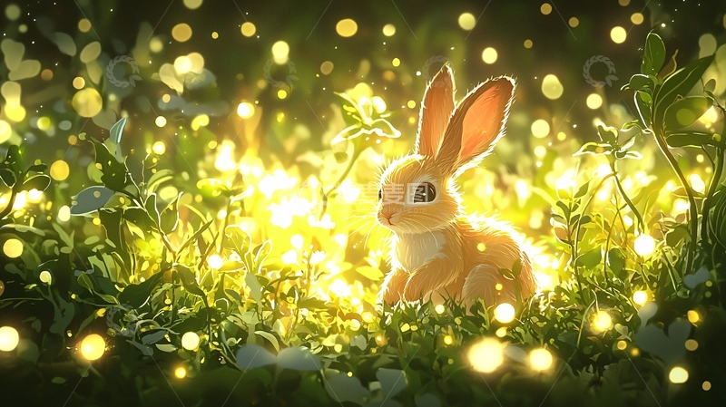 高清大图下载【趣麦麦图】萤火虫环绕的可爱小兔子