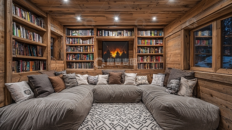 高清大图下载【趣麦麦图】木质书房壁炉沙发