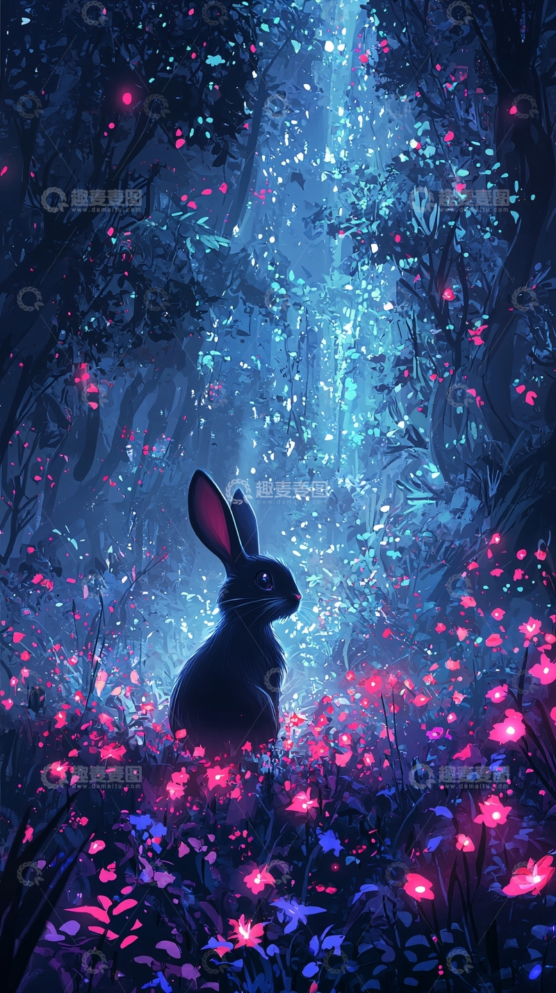 高清大图下载【趣麦麦图】黑兔静坐梦幻森林