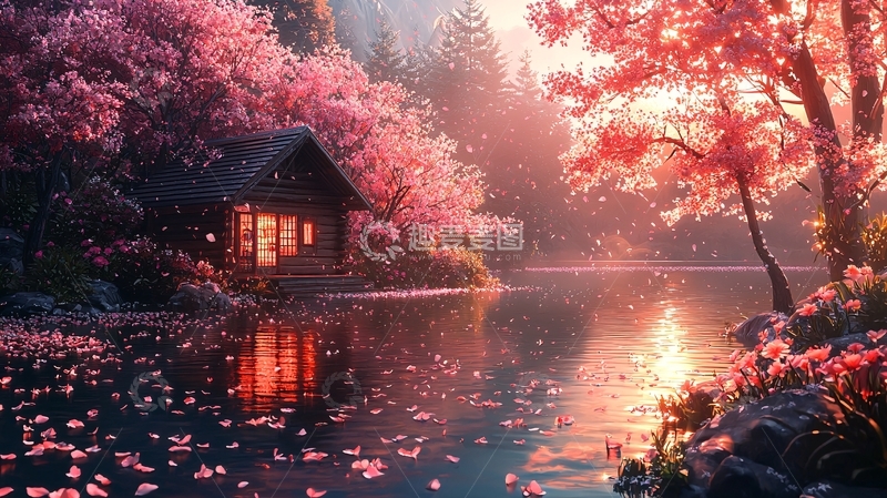 高清大图下载【趣麦麦图】樱花树下的湖边小屋
