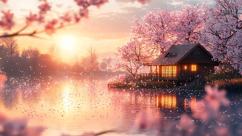 高清大图下载【趣麦麦图】落日余晖下的樱花小屋