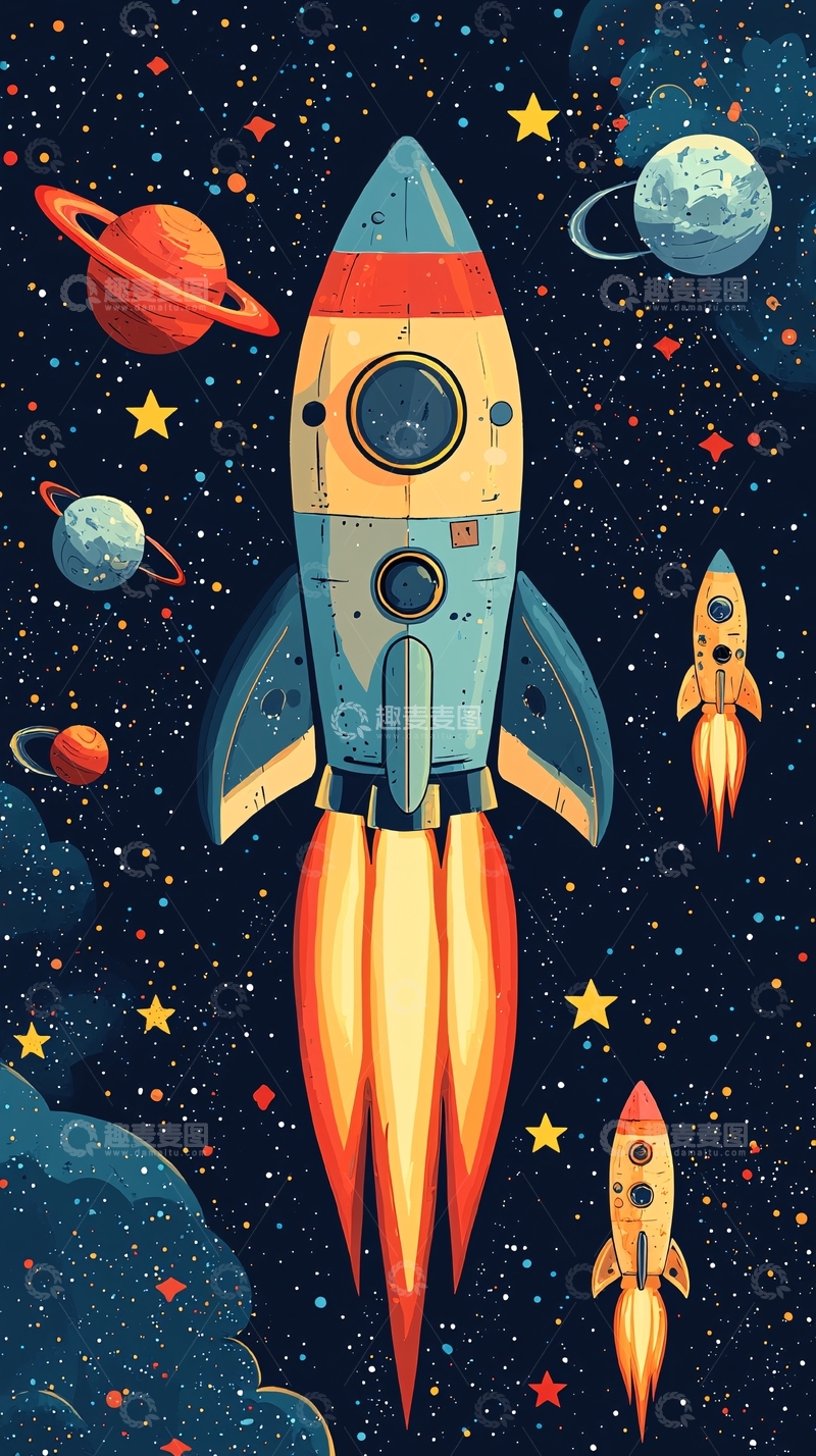 高清大图下载【趣麦麦图】复古火箭宇宙飞船