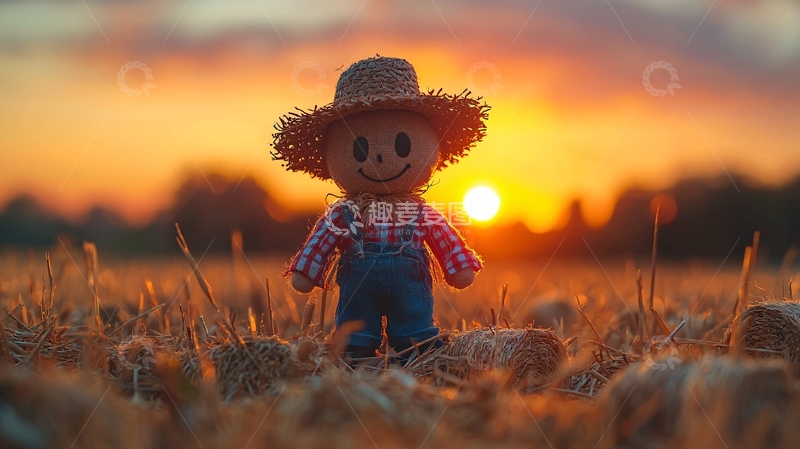 高清大图下载【趣麦麦图】稻草人日落剪影