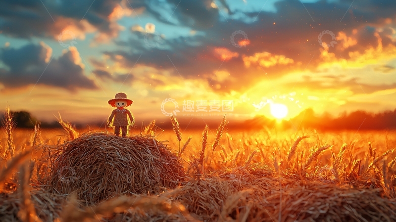 高清大图下载【趣麦麦图】麦田夕阳下的稻草人
