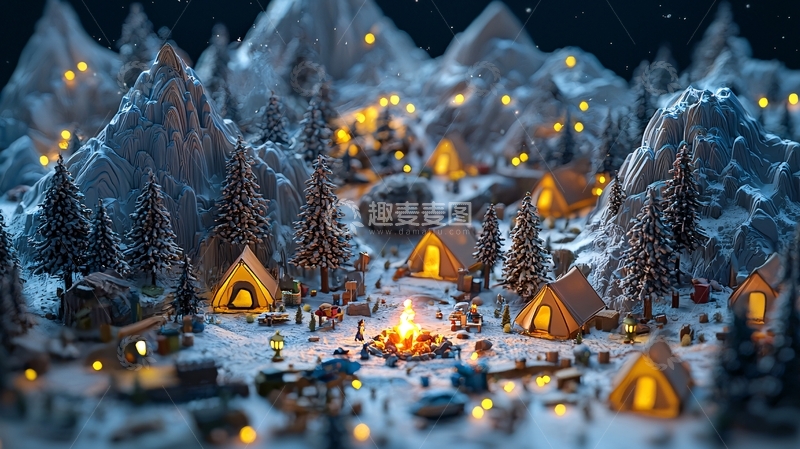 高清大图下载【趣麦麦图】雪山下的微缩冬日村庄