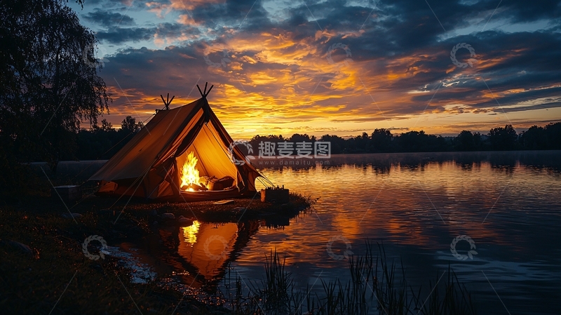 高清大图下载【趣麦麦图】篝火旁的湖边帐篷