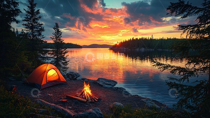 高清大图下载【趣麦麦图】湖边营地日落篝火