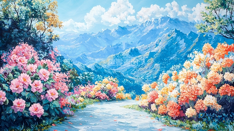 高清大图下载【趣麦麦图】山路花海雪山背景