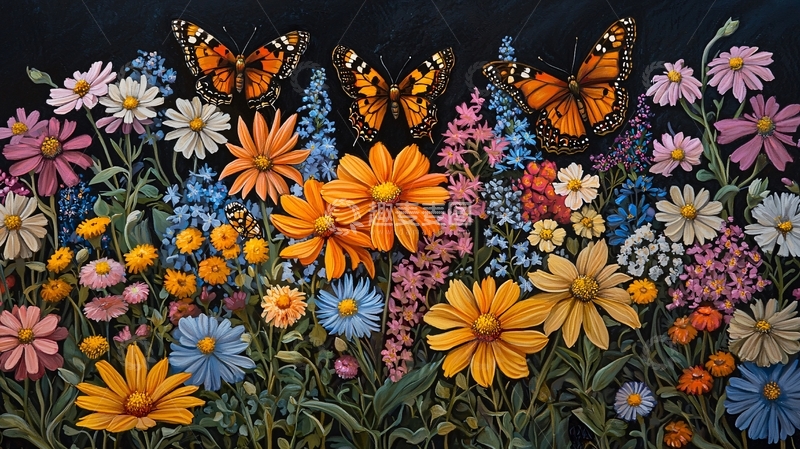 高清大图下载【趣麦麦图】绚丽花丛与蝴蝶